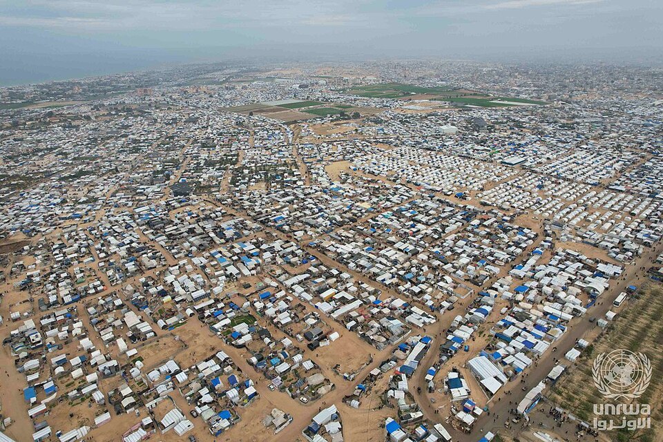 Aerial view of Al-Mawasi area where displaced Palestinians live in tents, Gaza Strip
