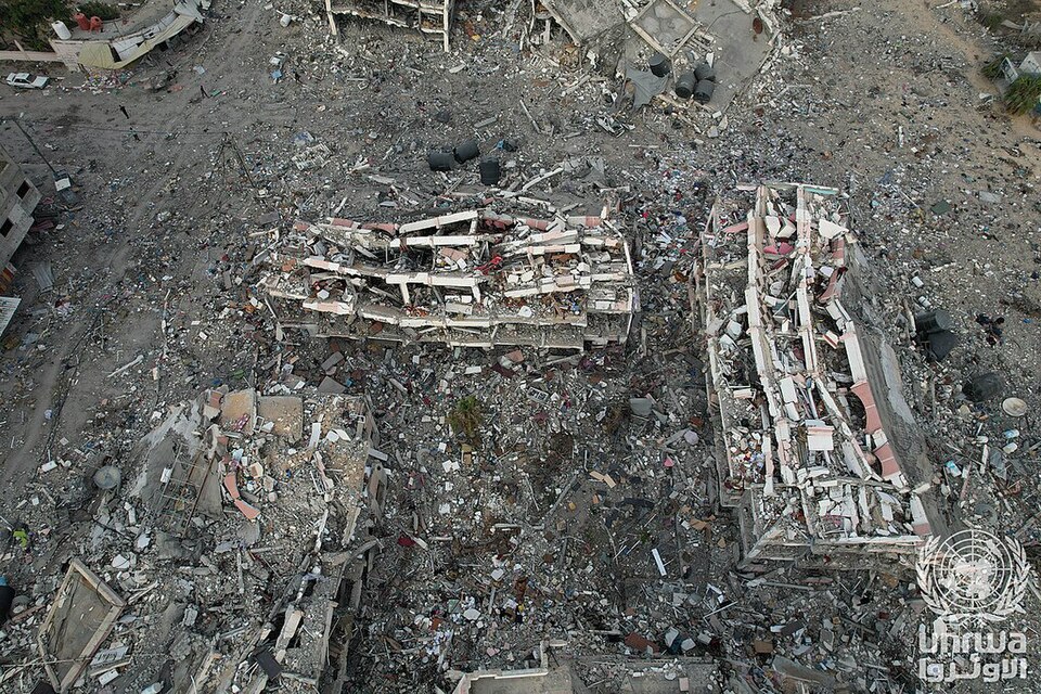 Aerial view of destroyed buildings in Al-Zahra caused by Israeli airstrikes during the war that began October 7, 2023.